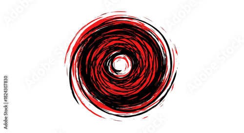 A dynamic abstract red and black spiral vortex design on a clean white background, resembling a stylized hurricane or swirling energy.