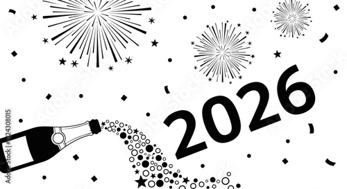 Happy New Year 2026 celebration concept with a popping champagne bottle, fireworks, and confetti on a white background.