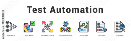Test Automation   Modern and clean web banner illustration featuring thematic icons for visual communication