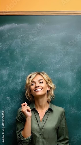Woman pointing upwards against a green background