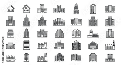 Collection of Building Icons in Line Art Style Showcasing Diverse Architectural Designs and Structures Representing Urban Development and Modern Cityscapes