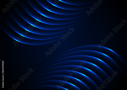 Fluorescent blue neon glowing shiny wavy lines abstract background. Vector futuristic design