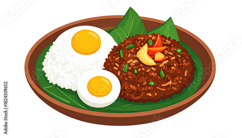 Wallpaper Mural Asian rice dish with egg and savory topping on banana leaves. Torontodigital.ca