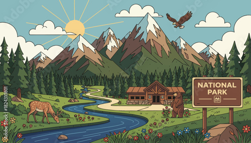 amazing national park adventure with mountains peak and pine trees and river, flat isolated vector background