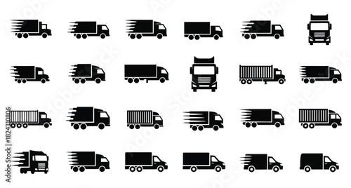 Collection of delivery truck icons in black and white showcasing various vehicle types for transportation and logistics isolated on white background for design projects