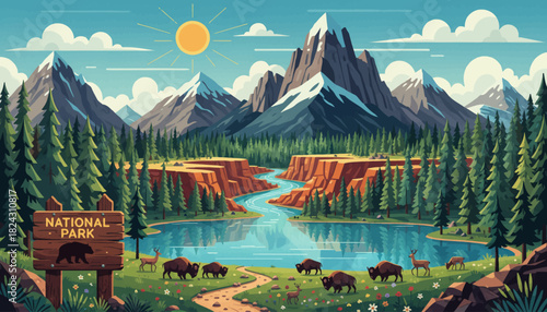amazing national park adventure with mountains peak and pine trees and river, flat isolated vector background