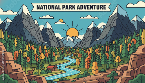 amazing national park adventure with mountains peak and pine trees and river, flat isolated vector background