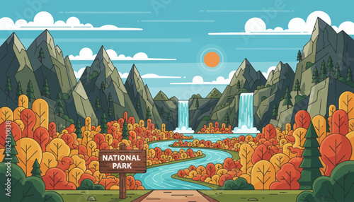 amazing national park adventure with mountains peak and pine trees and river, flat isolated vector background