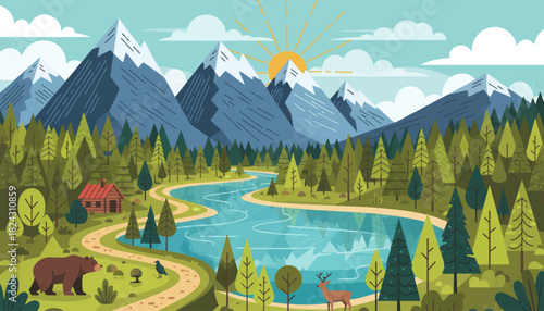 amazing national park adventure with mountains peak and pine trees and river, flat isolated vector background