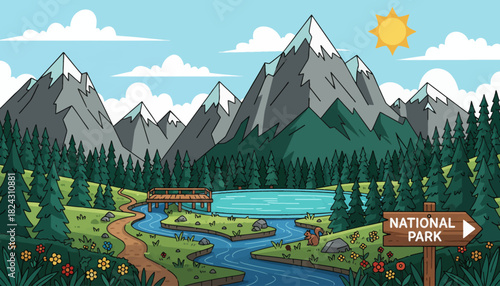 amazing national park adventure with mountains peak and pine trees and river, flat isolated vector background