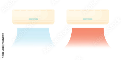 An air conditioner blowing cold and hot air on a white background. Cooling an apartment in summer. Summer comfort.