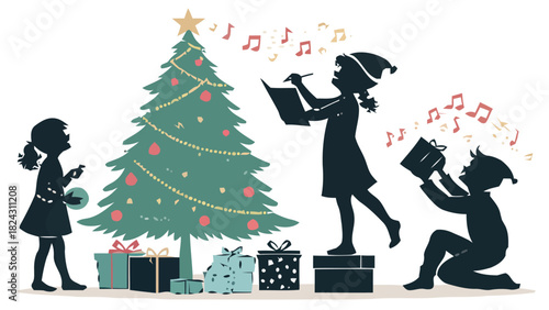 Enchanting Christmas Eve Scene with Singing Children by a Festive Tree and Gifts, Perfect for Holiday Season Greetings and Celebrations of Joyful Family Moments