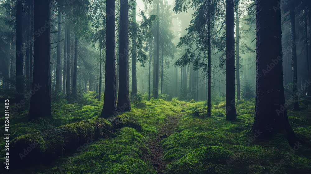 Obraz premium Misty forest landscape with moss glowing in soft morning light