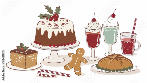 Festive holiday desserts and drinks illustration perfect for Christmas cards, holiday promotions, and seasonal menus with cakes, gingerbread, and beverages
