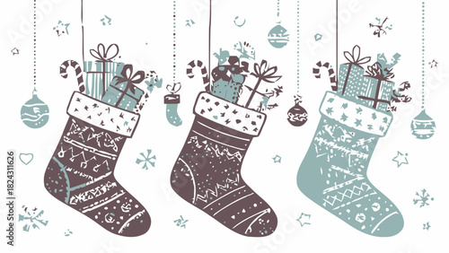 Festive holiday stockings brimming with delightful gifts, ornaments and candy canes, ready to spread Christmas cheer and seasonal joy with handcrafted charm