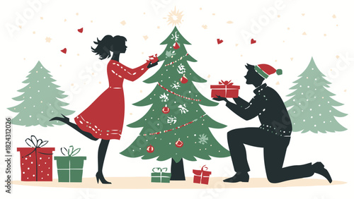 Celebrate Christmas with a silhouette of a man proposing to a woman by a decorated Christmas tree with gifts, a magical holiday moment
