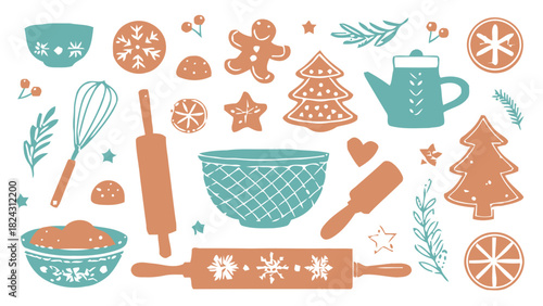 Delightful Christmas baking scene with gingerbread man, Christmas trees, and baking tools for your holiday designs and festive projects, originally a vector graphic