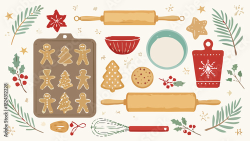 Delightful holiday baking scene with gingerbread cookies, rolling pins, and festive decorations, perfect for seasonal projects and heartwarming designs