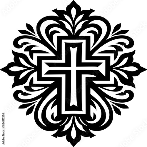 Cross Emblem in Monochrome: The striking, bold emblem of a cross, a symbol of faith and hope, is surrounded by an intricate floral and scrollwork design, all rendered in elegant monochrome.
