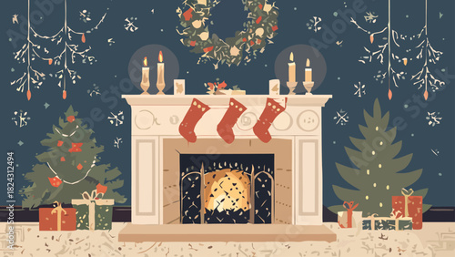 Warm Christmas Eve Scene with Fireplace, Wreath, and Gifts - Capture the Holiday Magic, Seasonal Decor for Home, Stockings Hung with Care, Festive Charm