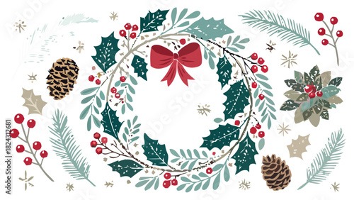 Elegant Christmas wreath with red bow and festive foliage for holiday cards and designs, perfect for seasonal greetings and winter celebrations