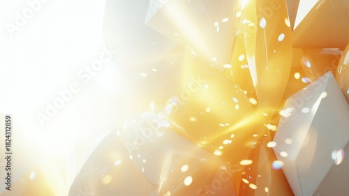 Luminous golden reflections illuminate white cubes, creating a dazzling abstract background with radiant light