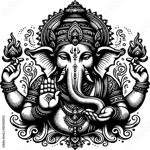Ganesha, the Remover of Obstacles: A detailed and ornate monochrome illustration of Ganesha, a beloved deity in Hinduism, depicted with an elephant head, four arms, and symbols of wisdom, prosperity.