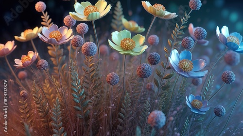 Soft light illuminates pastel wildflower blossoms and globe shaped buds in a botanical scene
