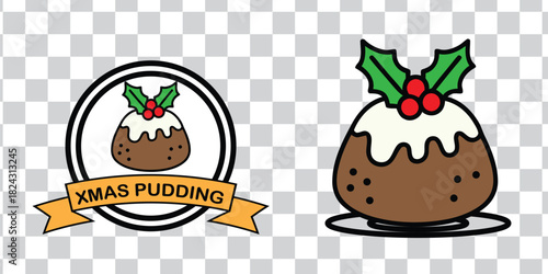 Traditional Christmas pudding with holly berries. Color cartoon drawing and black and white line icon. Vector clip art illustration set.