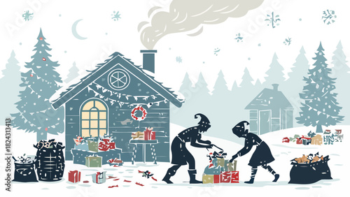 Enchanting winter scene of elves delivering Christmas gifts to a cozy snow covered cottage in a whimsical forest setting, spreading festive cheer