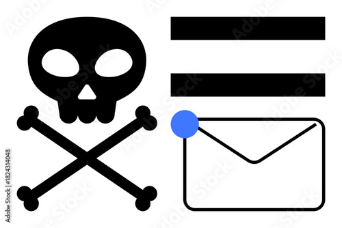 Skull and crossbones, two horizontal encrypted lines, email envelope with notification dot. Ideal for cybersecurity, phishing, hacking, scams, malware digital safety online threats. Simple flat