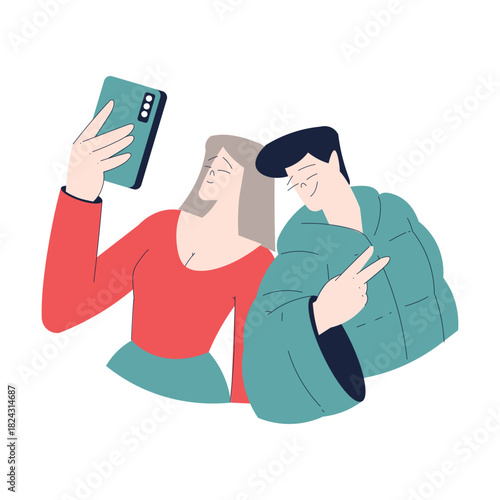 Man and Woman Romantic Couple Take Selfie Enjoy Love Story and Relationship Vector Illustration