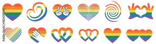gay pride rainbow heart flag icon set