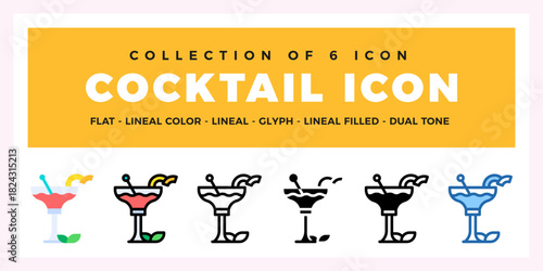 Cocktail Icon Set. Flat. Lineal. Glyph. and Dual Tone Styles