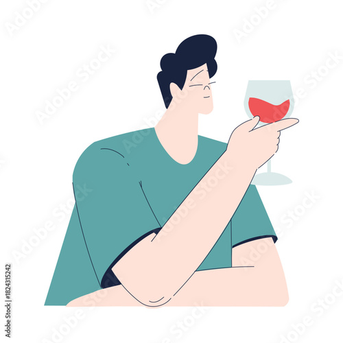 Man Character Drink Wine Hold Glass Vector Illustration