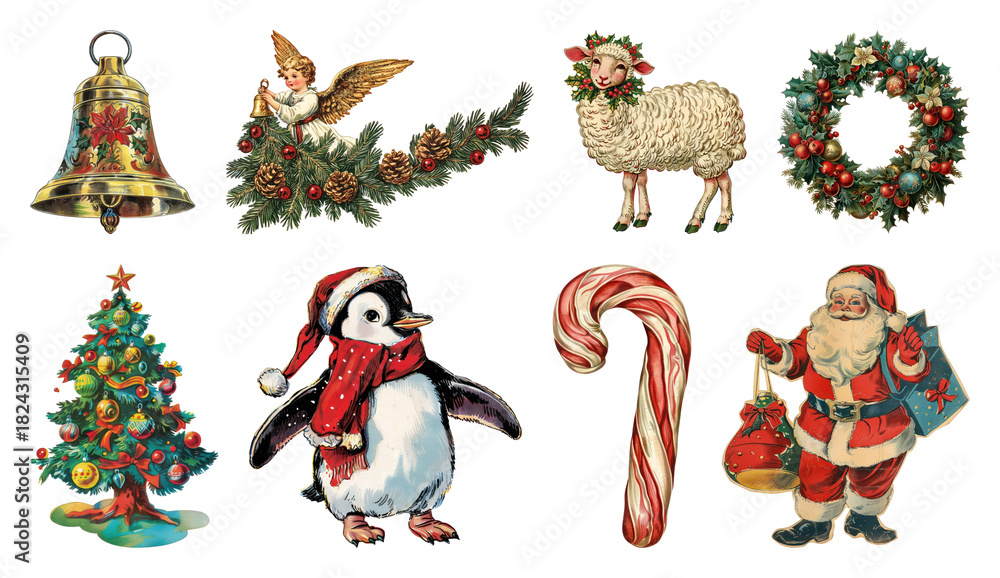 Obraz premium PNG Vintage Christmas festive illustrations, element set on transparent background