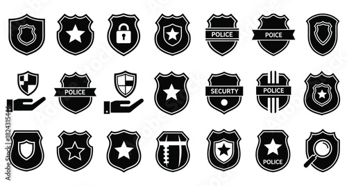 Collection of Shield Icons Representing Security Law Enforcement and Protection Services in a Vector Graphic Isolated on White Background Suitable for Design Purposes