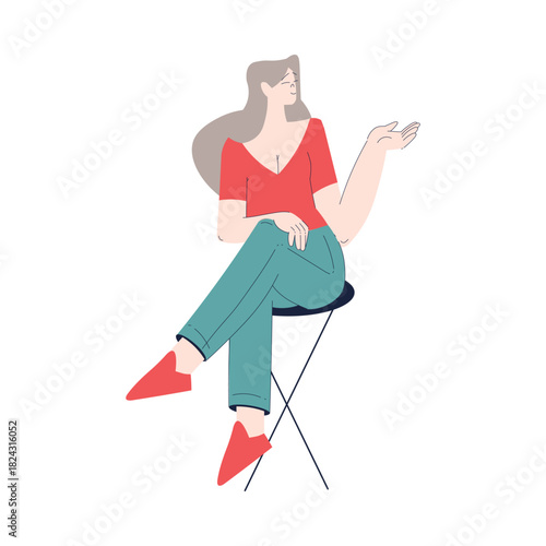 Happy Woman Character in Sitting Pose Smiling Vector Illustration