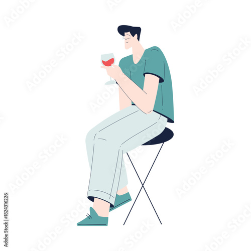 Man Character Drink Wine Hold Glass Vector Illustration