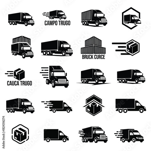 Collection of Transportation Logistics Truck and Van Icons in Black and White for Delivery Services and Freight Companies Representing Different Styles and Designs