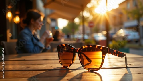 Tortoiseshell sunglasses resting on a wooden table outdoors during bright sunset sun flare