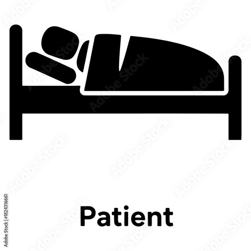 Illustration of a person sleeping in a bed with a pillow and blanket in black and white simple style icon