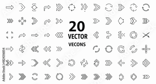 Collection of Twenty Vector Arrow Icons for Directional and Navigational Design Purposes Providing Multiple Choices for Designers and Developers