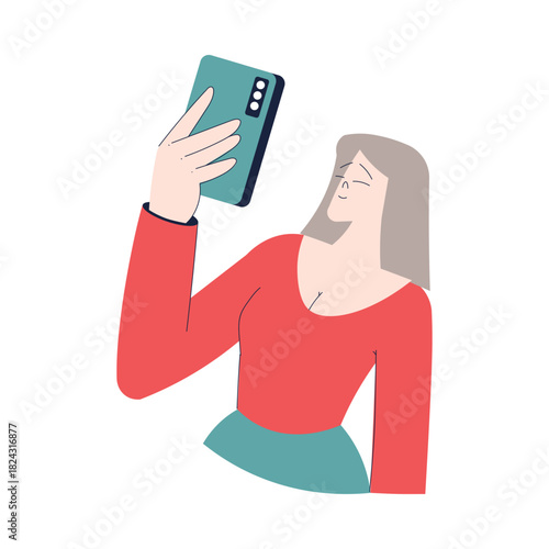 Happy Woman Character Taking Selfie Photo with Smartphone Vector Illustration