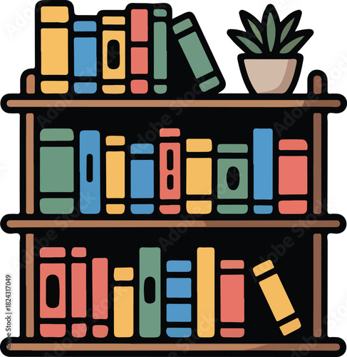 Wooden bookshelf vector illustration showcasing various colorful books and a potted plant on three shelves