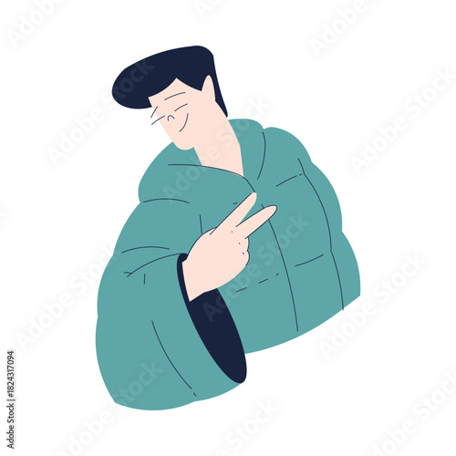 Happy Man Character Showing V Sign Gesture Vector Illustration