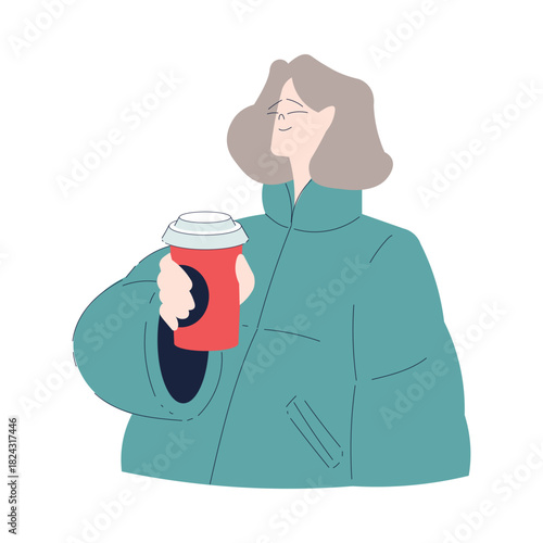 Happy Woman Hold Coffee Cup Wear Warm Coat Vector Illustration