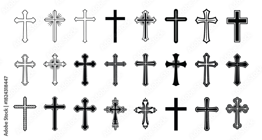 Fototapeta premium Diverse Collection of Religious Crosses Symbolizing Faith Hope and Spirituality Represented in Black and White Vector Illustrations for Graphic Design and Religious Projects