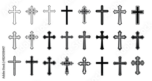 Diverse Collection of Religious Crosses Symbolizing Faith Hope and Spirituality Represented in Black and White Vector Illustrations for Graphic Design and Religious Projects