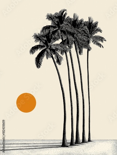 Line art illustration of tall palm trees silhouetted against a large orange sun. Tropical landscape and serene atmosphere.